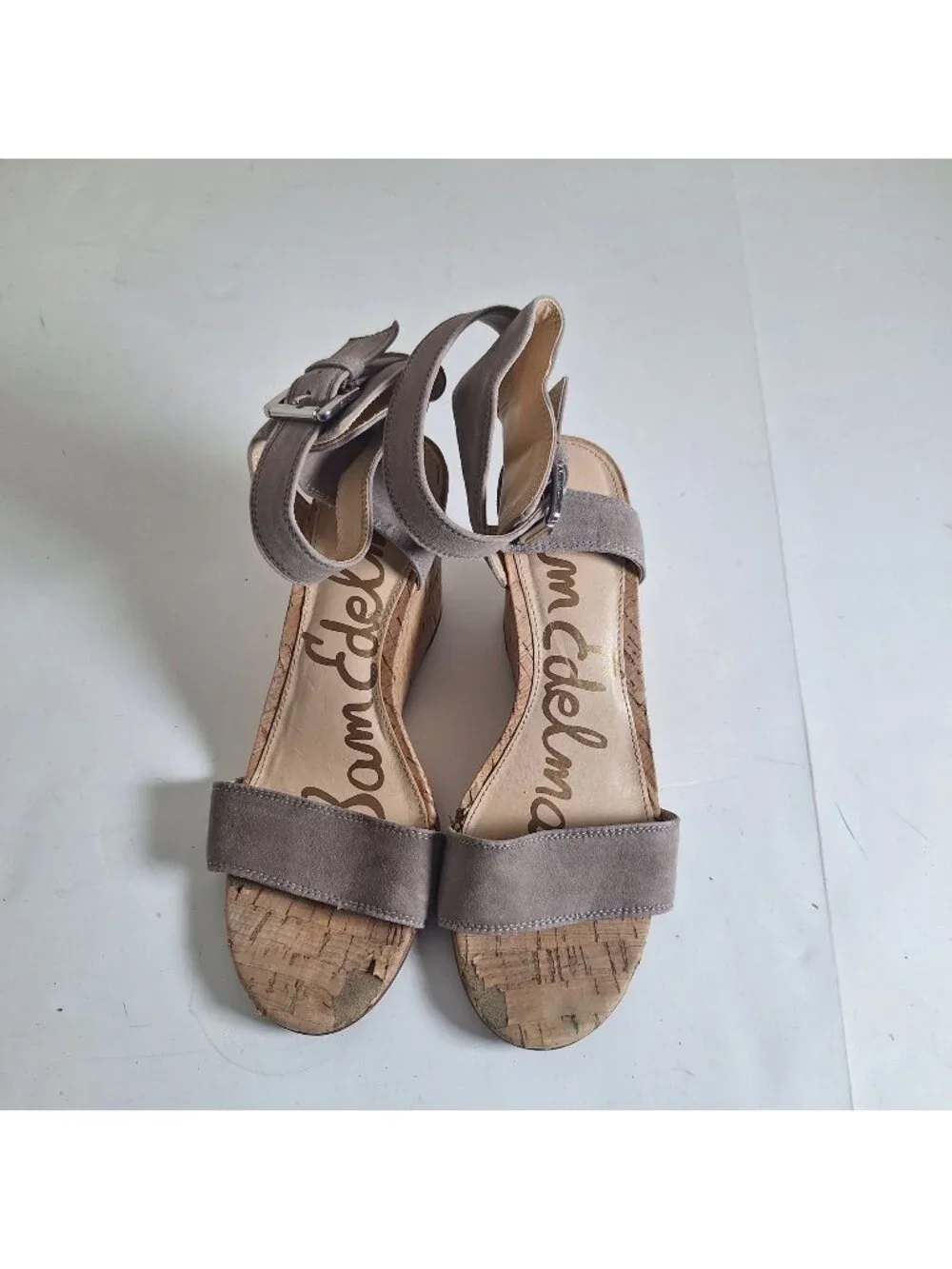 Sam Edelman Willow Gray Suede Cork Wedge Ankle Strap Sandals size 7.5